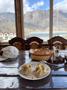 Traditional meal in mountain cafe interior