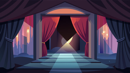 Dramatic stage scene with red curtains, ideal for theatrical productions, background design, and cinematic storytelling with a grand entrance.