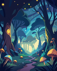 Enchanting forest scene at dusk featuring mushrooms, trees and a winding stream, ideal for fairytale themed designs and fantasy art.