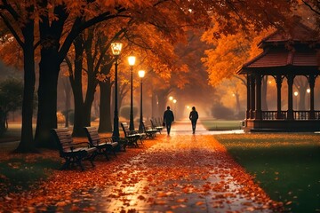 Autumn Park Scene: Foggy Walkway, Orange Leaves, Gazebo, and Streetlights - Serene Fall Landscape Photography