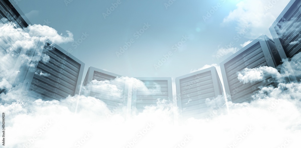 Poster cloud computing concept is emerging with server racks from white clouds in flat design