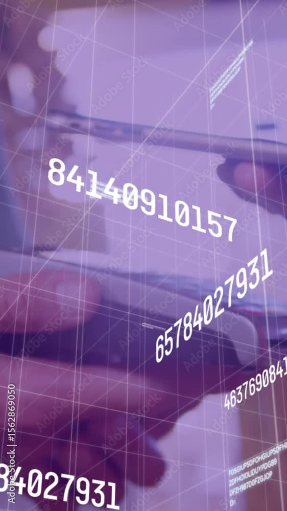 Poster animation of numbers and data processing over close up of a hand using phone to make a payment