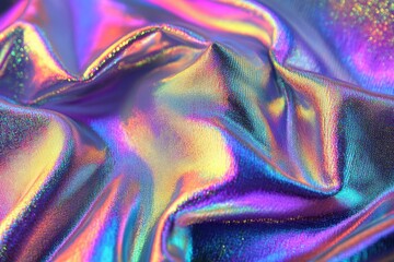 Close-up of iridescent fabric, rippled and draped, showcasing a spectrum of vibrant colors