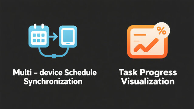 Calendar phone and task chart icon, representing multi device schedule synchronization and task progress visualization, used for time management and project progress scenarios.
