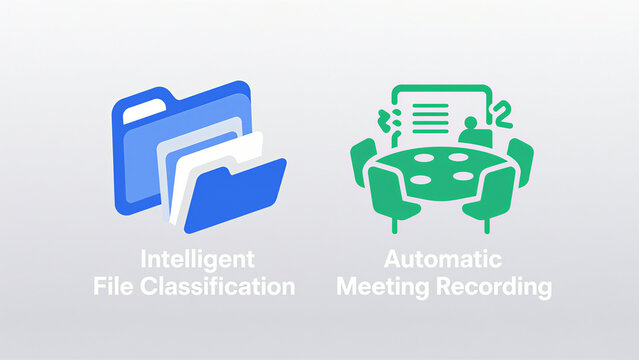 Folder and meeting icons represent intelligent file classification and automatic meeting recording, used for document organization and meeting management scenarios.
