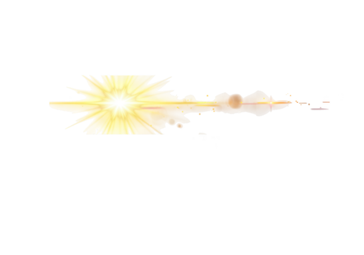 A bright yellow sun star light flare with optical lens effect and burst isolated on transparent background