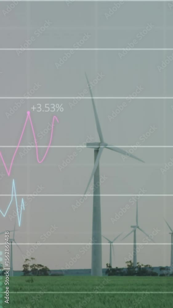 Poster animation of statistical data processing over spinning windmills on grassland against grey sky