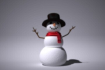Three-tiered snowman is standing in minimal 3D render featuring red scarf, carrot nose, coal eyes