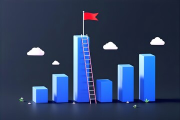 3D Bar Graph with Ladder & Flag: Business Growth, Success, and Goal Achievement Illustration