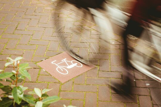 Fototapeta Flat design cyclist is pedaling along red brick herringbone bike path with white icon, green leaves