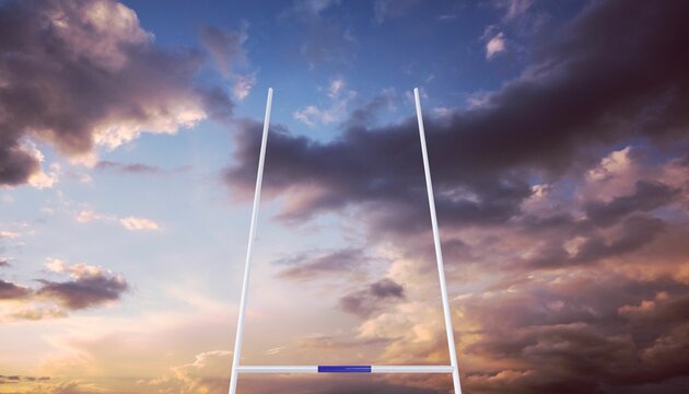 Fototapeta White goalpost standing on empty field against dramatic purple and gold sunrise sky in flat design