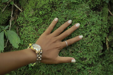 Tanned Woman’s Hand with Gold Bracelet Watch Resting on Moss-Covered Rock