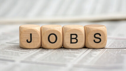 Job labor employment, unemployment. Wooden blocks employment newspaper opportunity search career recruitment hiring job market work . Hiring rate, economic growth, opening workforce market