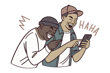 Joyful Moment on Phone: Two friend sharing a light-hearted moment, laughing together as they look at a mobile phone. Captures the essence of friendship and humor.