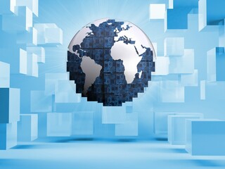 Digital globe on blue background with cubes