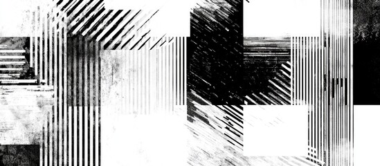 Abstract monochrome design with intersecting lines and textured squares