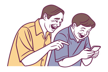 Hilarious Smartphone Moment: Two men, one older and one younger, are bent over a smartphone, sharing a hearty laugh. The illustration uses warm colors and a retro style.