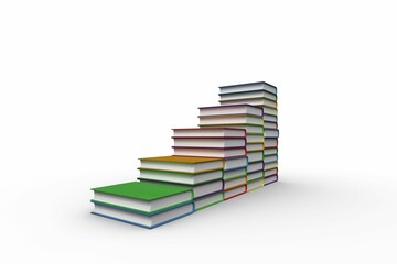 Colorful hardcover books are forming ascending staircase on smooth white surface, flat design