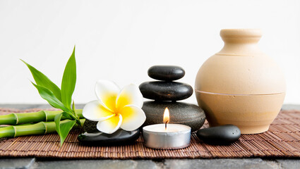 Zen spa still life with tranquil stones and natural bamboo elements