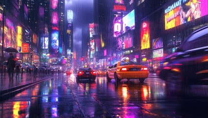 Naklejka premium Rainy Night NYC Street Scene with City Lights