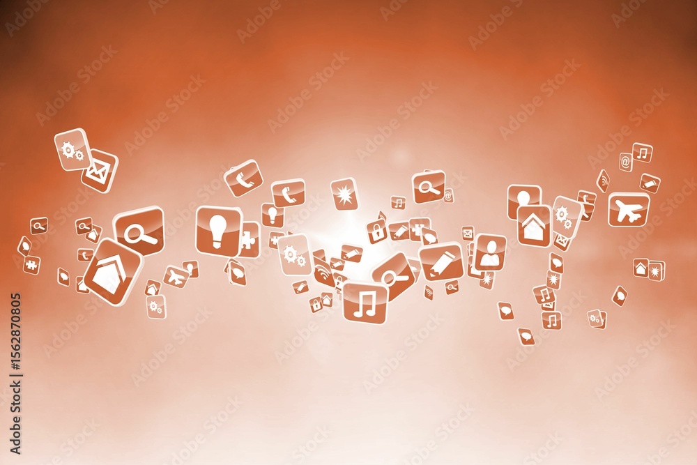 Poster flat illustration is showing app icons floating and flowing over orange gradient backdrop with glow
