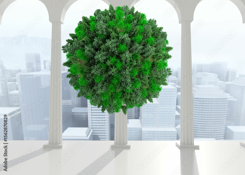 Poster ball with trees floating in room