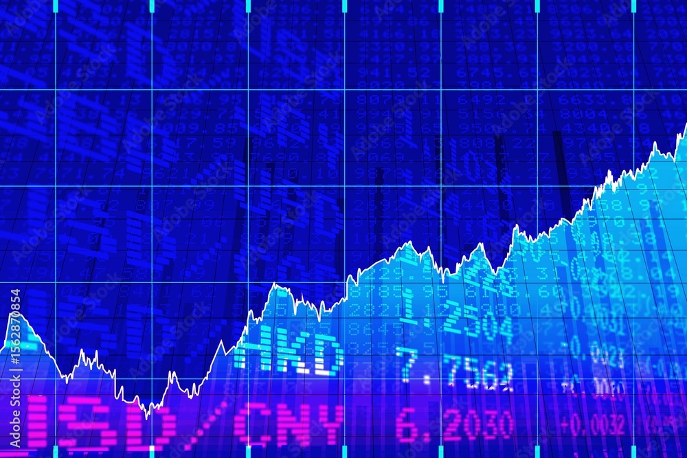 Poster displaying chart interface with blue grid cyan area white line ascending alongside hkd cny overlays