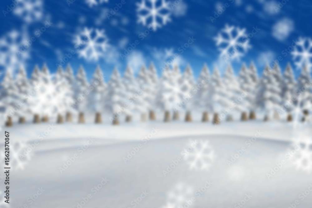 Poster flat winter illustration showing snow-covered field and evergreen tree row with floating snowflakes