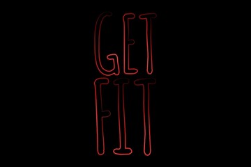 Flat design illustration displaying glowing red GET FIT neon sign on solid black background