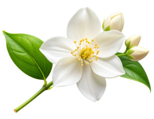  Realistic White Jasmine Flower with Bud and Leaf on Curved Stem,