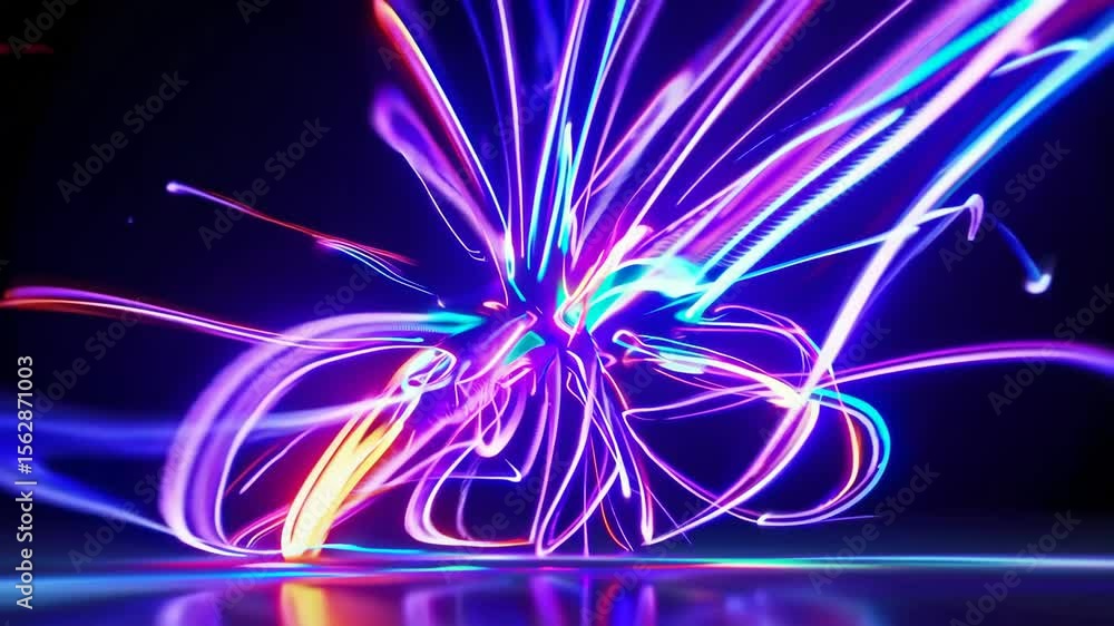 Poster Vivid neon light trails burst dynamically against dark background, creating mesmerizing abstract colorful vibrant glowing energy patterns swirling