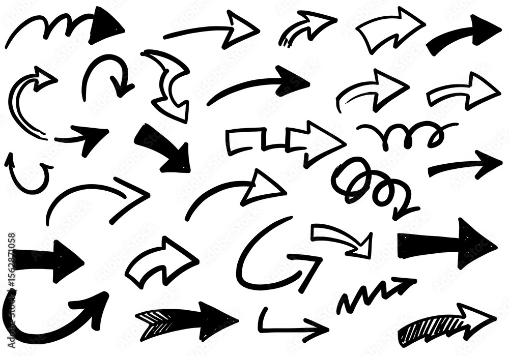 Poster a diverse set of handdrawn black arrows pointing in various directions are isolated on transparent b