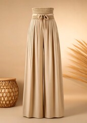 Beige pleated wide leg pants crochet belt