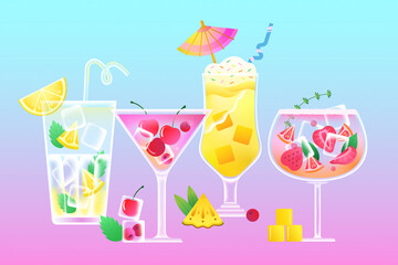 A vibrant illustration displays four refreshing cocktails