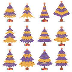 Obraz premium Collection of vibrant purple and gold Christmas trees with ornaments and gifts, showcasing festive holiday cheer and decorative styles can be used for printed materials-posters, greeting cards. 