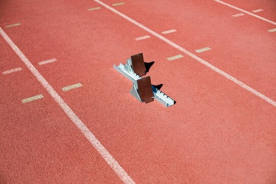 High angle view of starting blocks