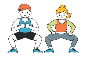 Squatting Together: A vibrant illustration captures two figures, demonstrating the squat exercise with focused intensity, embodying fitness. 