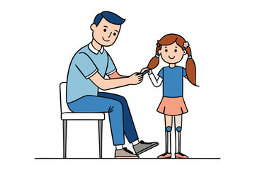 Father Braiding Daughter's Hair: A tender moment captured as a father braids his daughter's hair, portraying a moment of love and care, perfect for representing family and home life. 