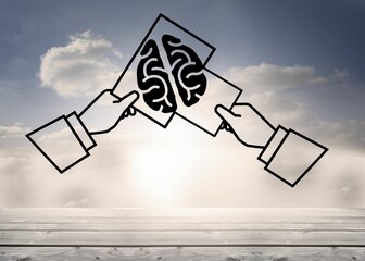 Hands holding a sketch of brain against the sky