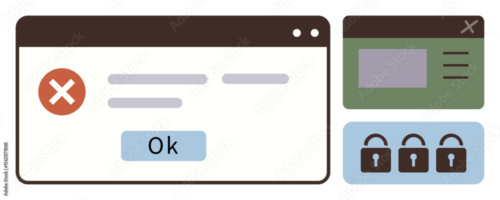 Poster error message with red cross, confirmation button, smaller green window, and lock icons. ideal for c