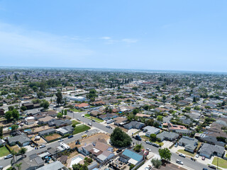 Day time aerial view of the Uptown area of Whittier with house and street, California, USA
