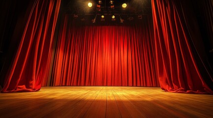 Empty stage with red curtains, spotlight, and wooden floor