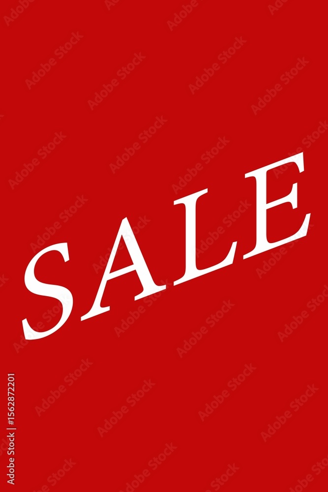 Poster white uppercase sale text is being displayed diagonally on flat design solid red background