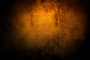 Glowing orange center is fading into black edges in flat design mottled grunge with scratched metal