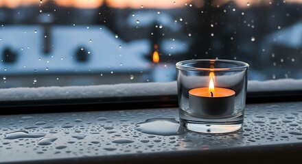 Serene winter evening: a lit candle in a glass sits on a rain-streaked windowsill, overlooking a snow-covered village at sunset.