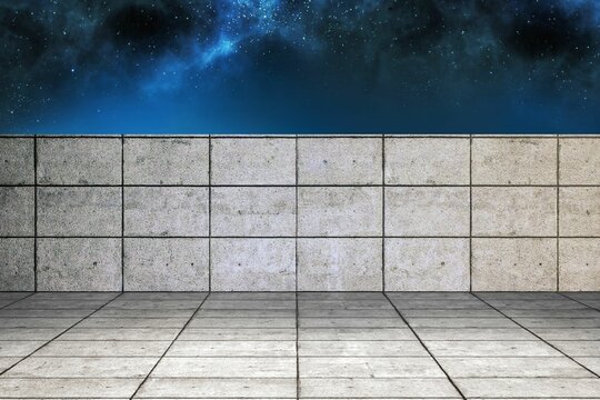Naklejki Flat design concrete terrace is stretching under blue starry night sky with glowing nebula clouds