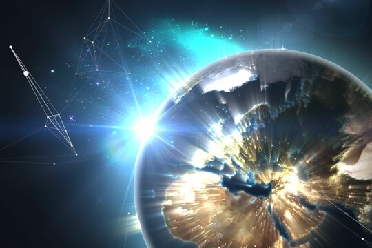 Naklejki Vector showing Earth glowing city lights sun rising radiating data beams network lines in space