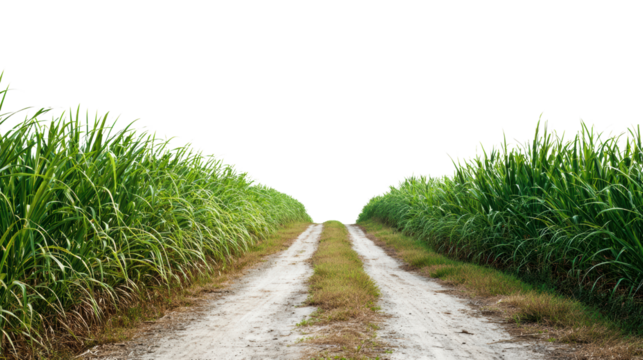 A dirt path flanked by lush sugarcane, leading into the green countryside, vibrant and natural.