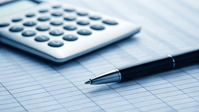 Tax finance budget, Financial accounting concepts. Calculator pen paper office finance business accounting closeup blue desk . Payment, Debt, Penalty, Credit, Bill, Businessman, Office, Money