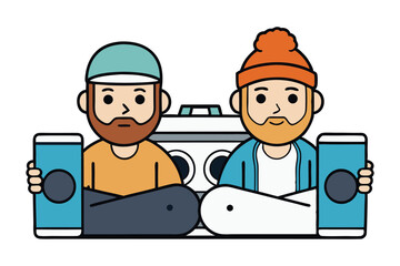 Bearded Duo and Audio: A modern illustration of two bearded men, each absorbed in their own smart phone, with a retro boombox at center.